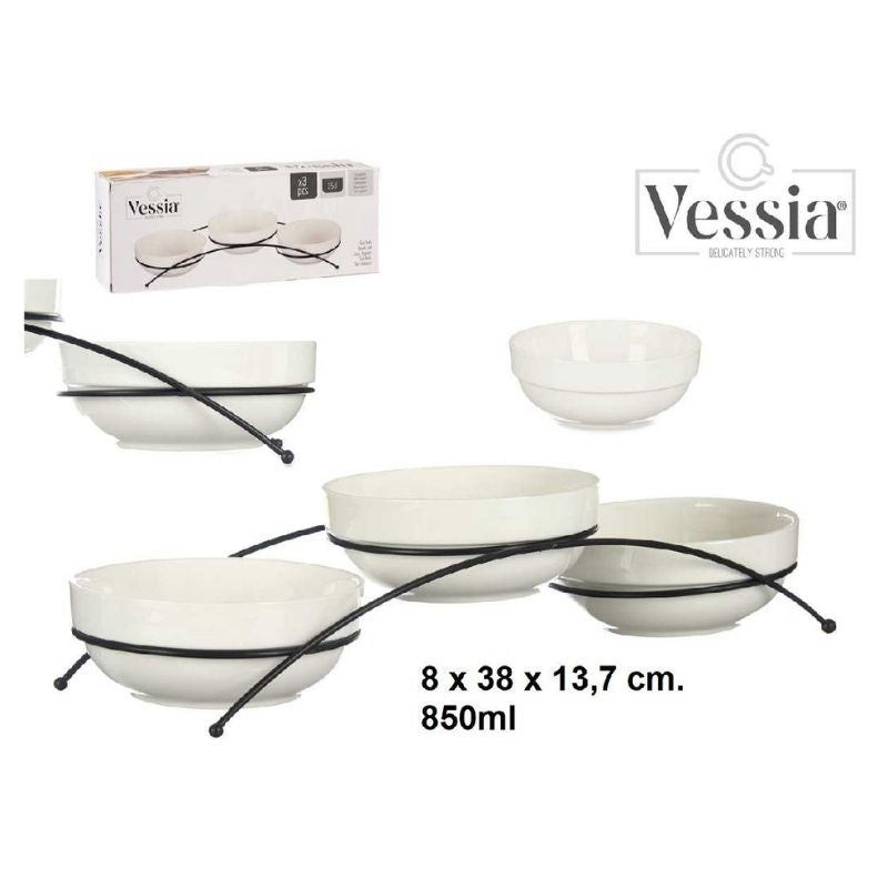 Set of 3 porcelain bowls with holders